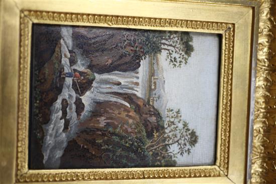 A pair of 19th century Italian micro-mosaic plaques, depicting figures beside waterfalls by Nicola de Vecchis, 4.5 x 3.25in., in gilt g